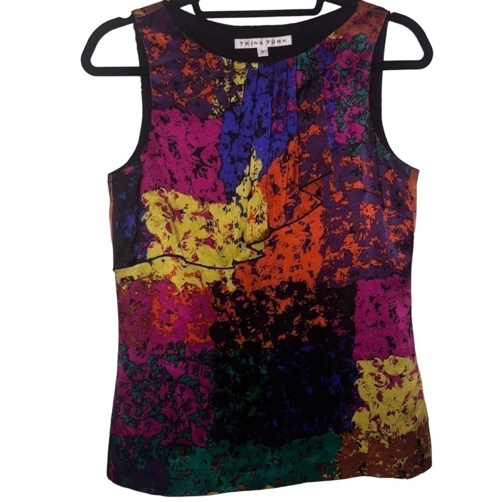 Trina Turk 100% Silk Watercolor Shanghai Rainbow Splatter Sleeveless Tank-Size 0